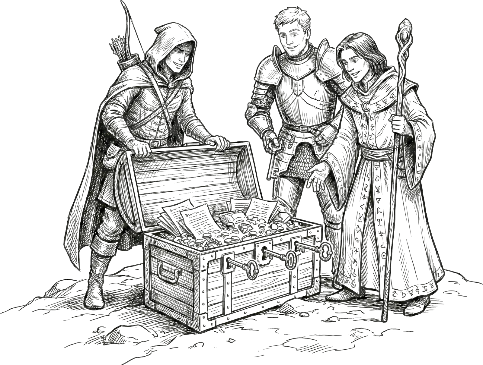 Friends unlocking a treasure chest together